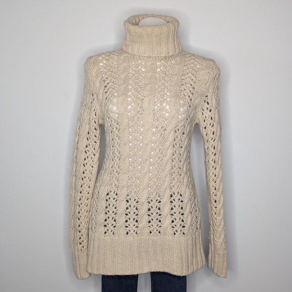Aeve Sweaters - Aeve Light Tan Open Knit Alpaca & Wool Long Sleeve Turtleneck Sweater M